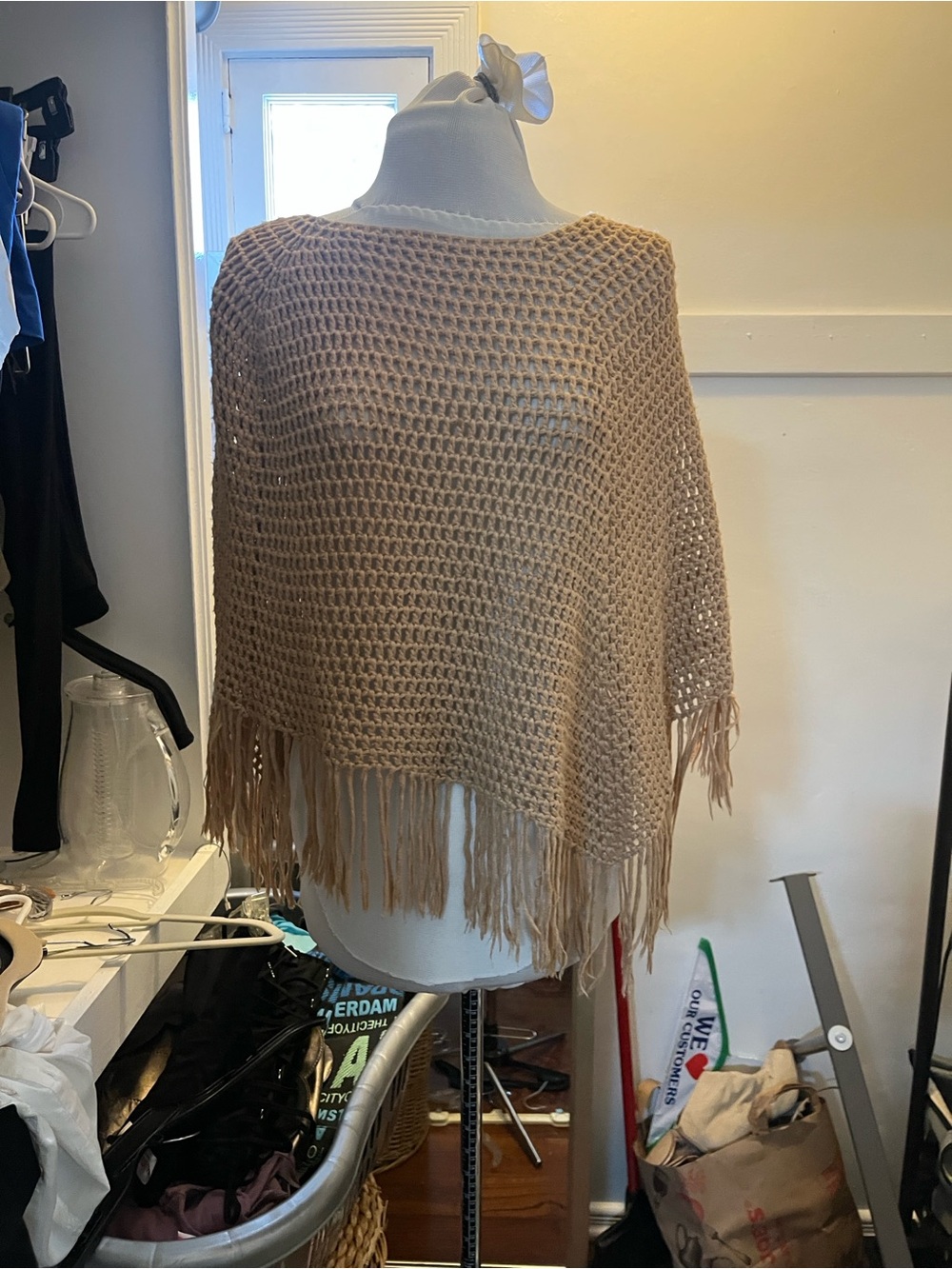Beige Fringe Knit Poncho Sweater - Women's Lightweight Layer